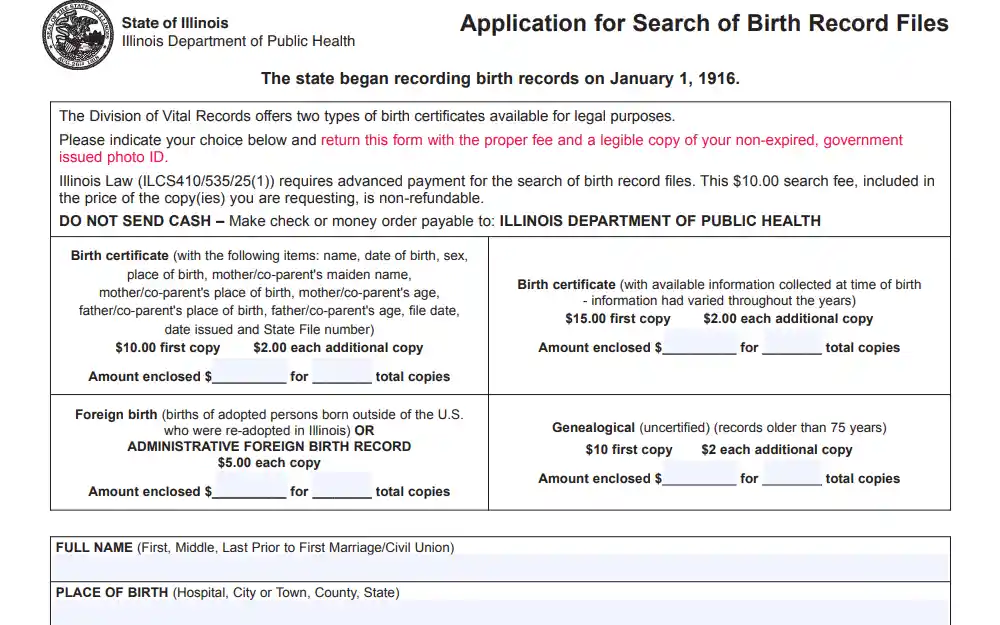An image from the Illinois Department of Public Health shows the application form for searching birth documents, including the corresponding fees for the type of request.