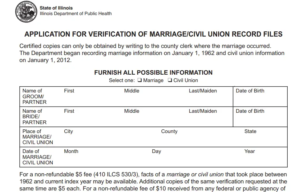 A screenshot taken from the Illinois Department of Public Health Page shows the application form for marriage/civil union file verification; the requester must fill out the required field to complete the request, including the corresponding fee for the type of document.
