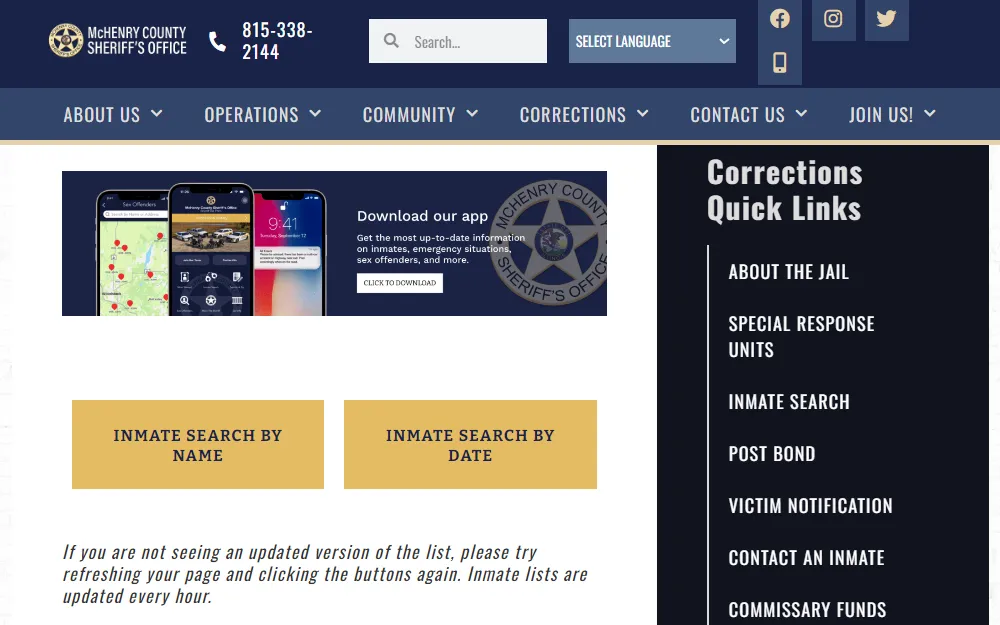 An image showing the inmate search options from the McHenry County Sheriff's Office page includes Search by Name and Search by Date, including the Office's logo and phone number at the top.