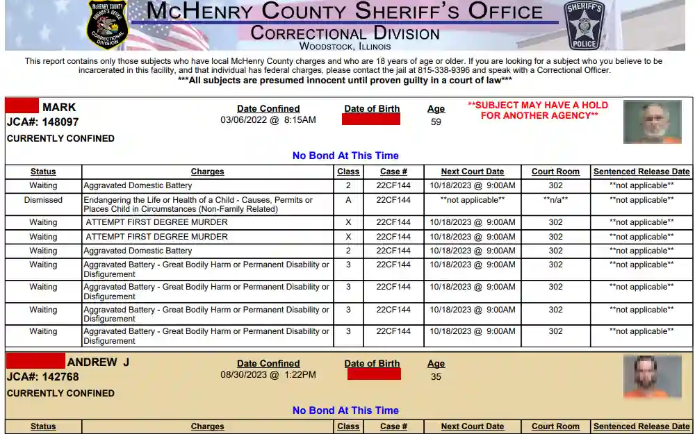 An image from the McHenry County Sheriff's Office - Correctional Division Page showing the list of inmates with their mugshots, full name, JCA number, DOB, age and case details.