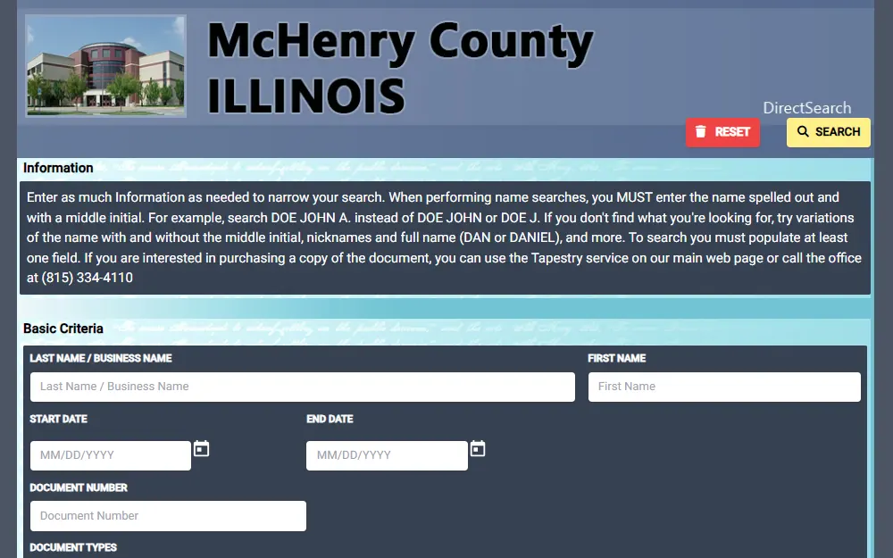 A screenshot from the McHenry County Illinois property search page shows the required fields the searcher must fill out; tips for narrowing the search are displayed as well.
