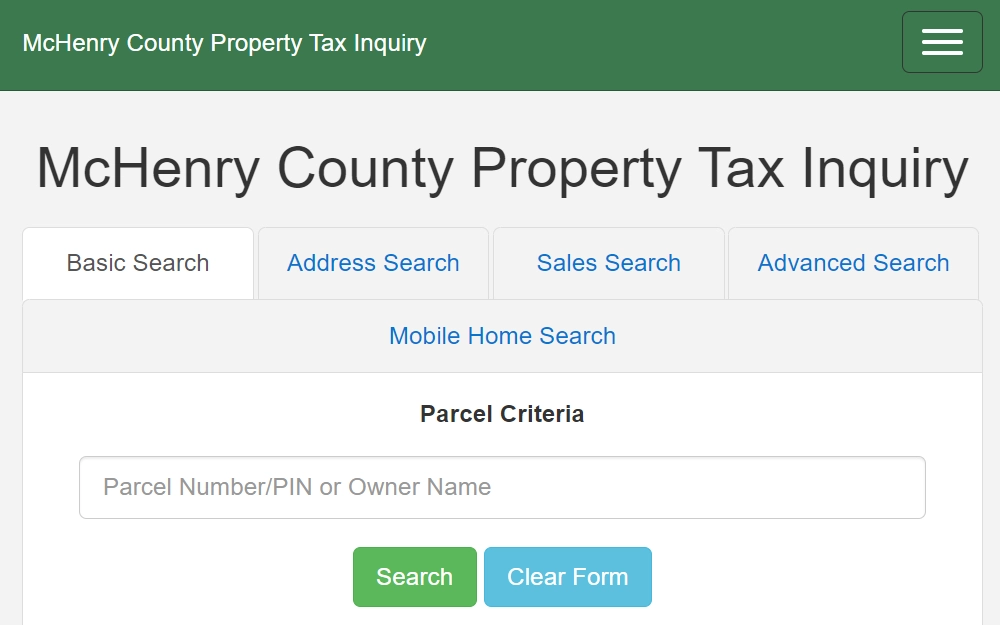 An image of the McHenry County Property Tax Inquiry page shows the four available search options: Basic Search, Address Search, Sales Search, and Advanced Search; search and clear form buttons are at the bottom of the image.