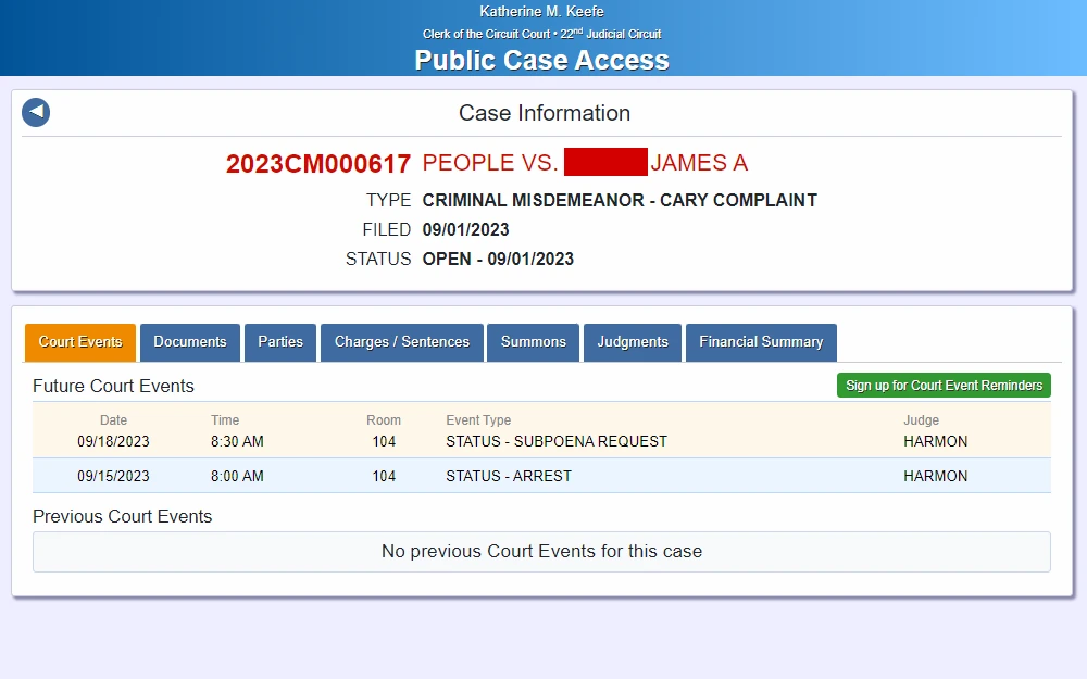 An image taken from Clerk of the Circuit Court 22nd Judicial District - Public Case Access shows the result from a name search, which includes case information such as party names, type, file date, and status of the case; the searcher can view more information from the series of buttons and have the option to sign up for court event reminders.