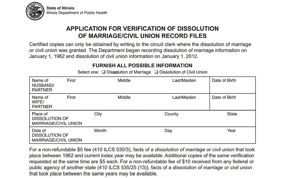 A screenshot displaying an application for verification of dissolution of marriage or civil union record files that requires information such as husband's and wife's first, middle, last and maiden name, place of dissolution of marriage or civil union, city, country, state, month, day and year.