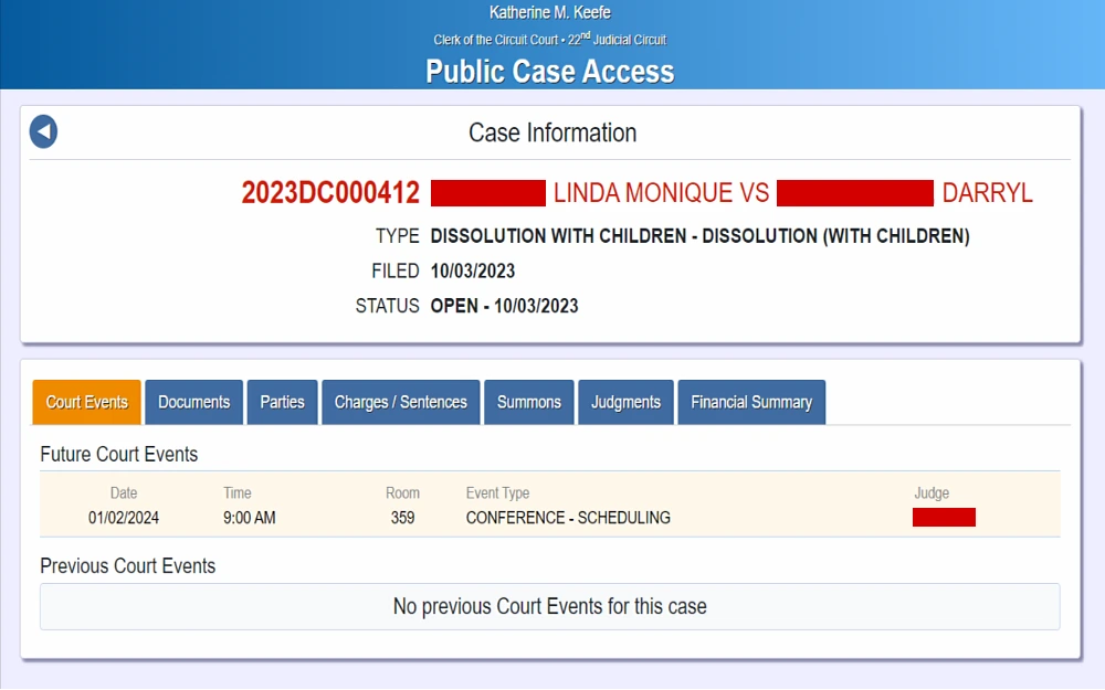 A screenshot showing a public case access information displays the names, types, files, statuses, tabs of court events, documents, parties, charges/sentences, summons, judgments and financial summary.