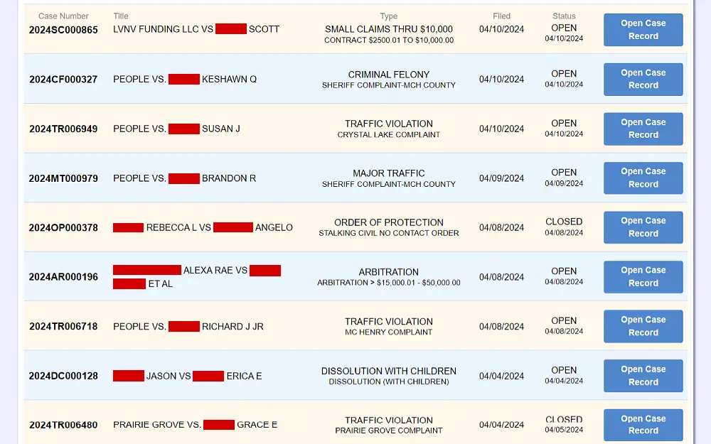 A screenshot of a public case access search results listing case number, title, type, date filed, status and a blue button with the words "Open Case Record" from the McHenry County Sheriff's Office website.