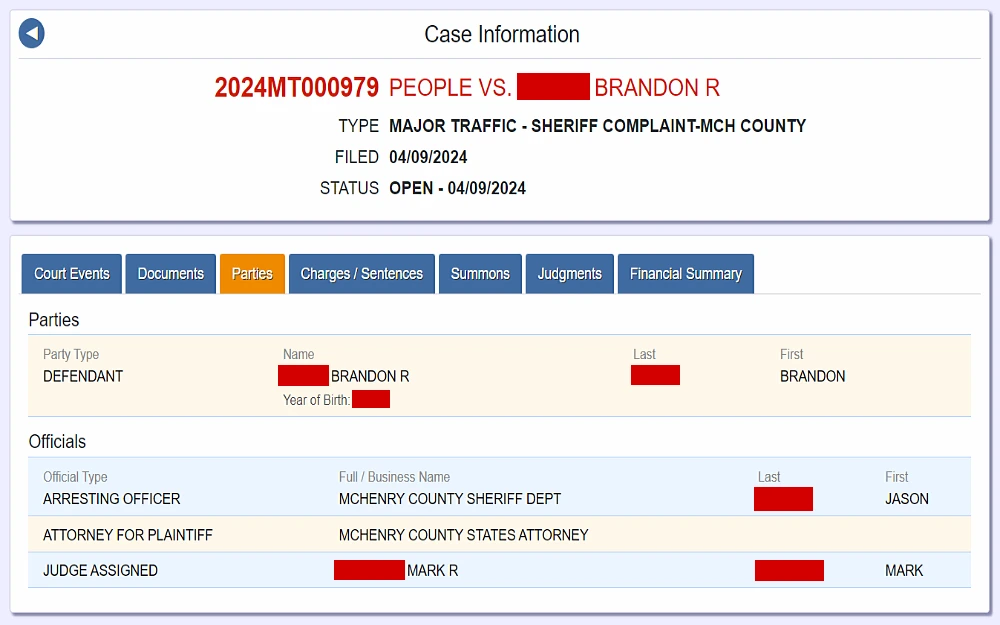 A screenshot showing case information showing blue tabs of court events, documents, parties, charges or sentences, summons, judgments and financial summary from the McHenry County Clerk of the Circuit Court website.