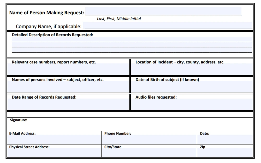 A screenshot of a document or audio file request form from the Illinois State Police website with the necessary information to be filled in, such as the name of the person making the request, company name (if applicable), and detailed description of the records requested.