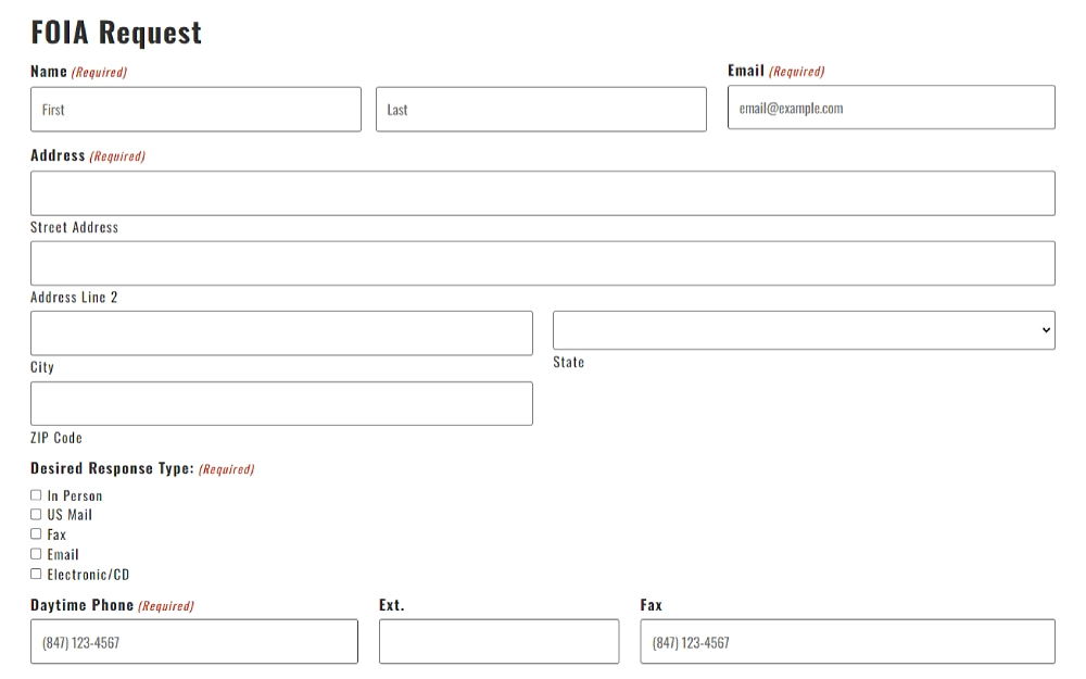 A screenshot displaying the McHenry County Sheriff’s Office FOIA request requires the complete name, email address, address, and additional details: street address, address line 2, city, state, ZIP code, daytime phone number and fax.