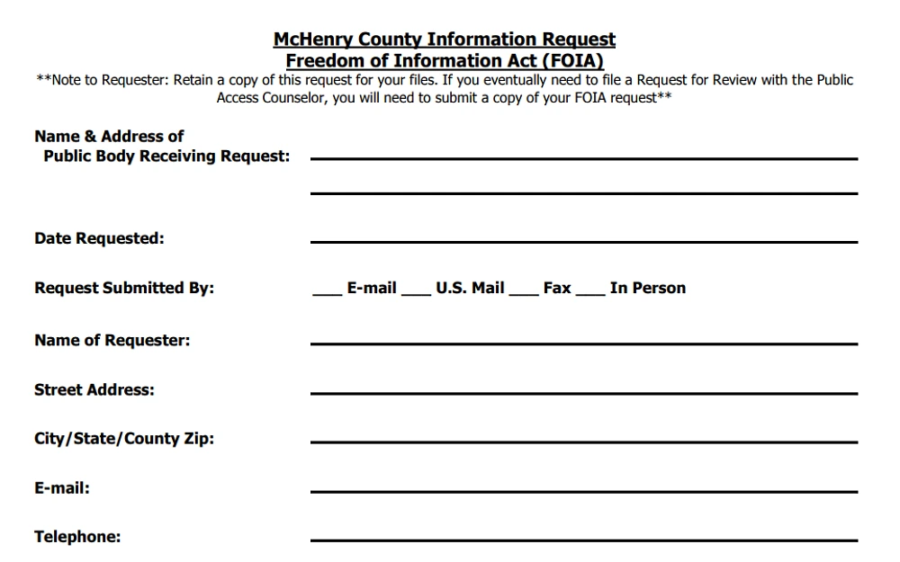 A screenshot showing a Freedom of Information Act (FOIA) request with details to be filled in such as name and address of public body receiving the request, date requested, street address, request submission method, city, state and county ZIP.