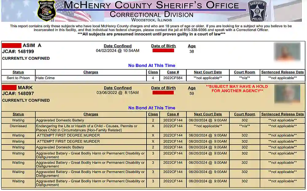 A screenshot showing the inmate search by name from the McHenry County Sheriff's Office website displaying name, JCA number, date confirmed, date of birth, age, status, charges, class, case number, next court date and courtroom.