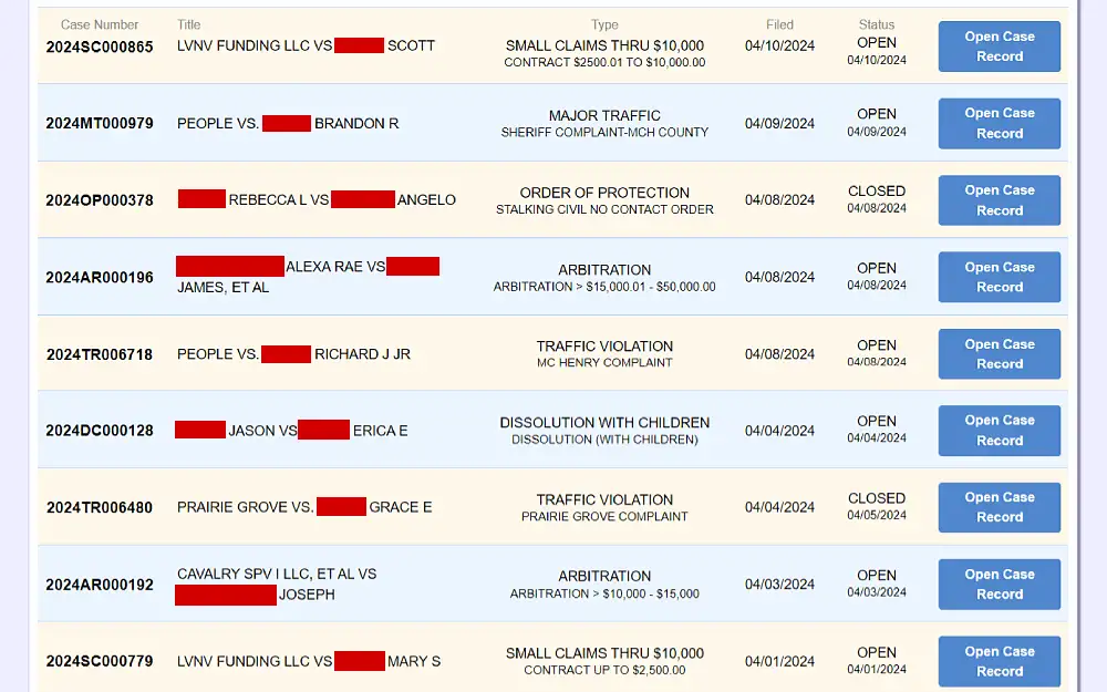 A screenshot displaying a public case access search results showing information such as case number, title, type, date filed, status and a blue button with the words "Open Case Record" from the McHenry County Clerk of the Circuit Court website.