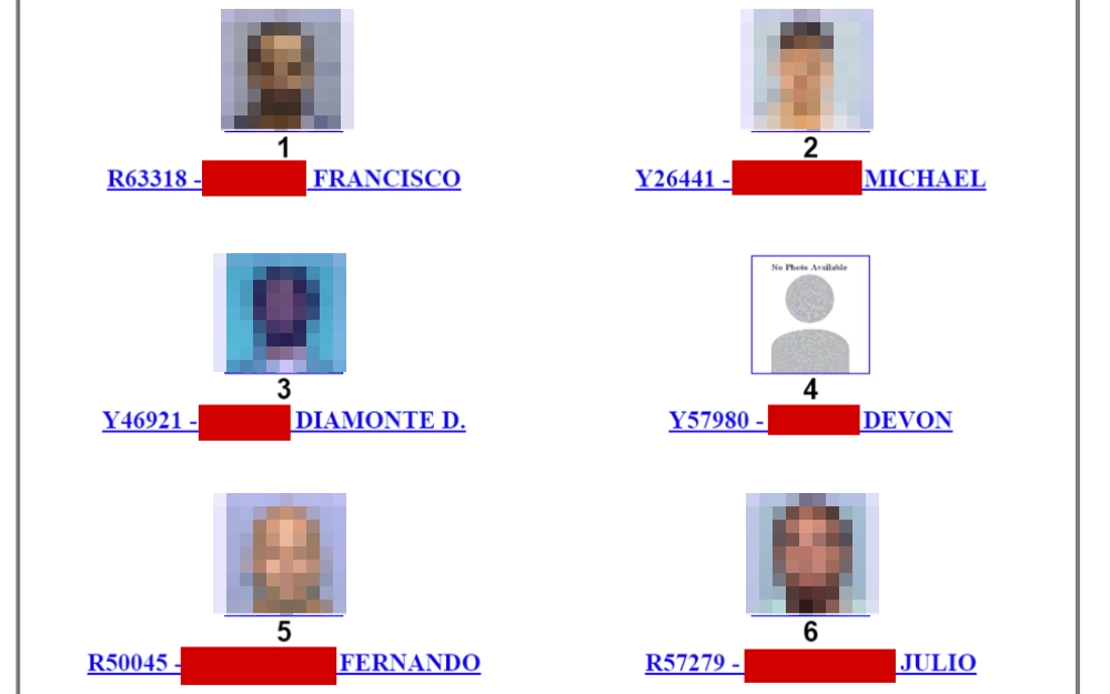 A screenshot of the wanted fugitives from the Illinois Department of Corrections website shows the mugshot photo, including the complete name, linked to a preview of more details.