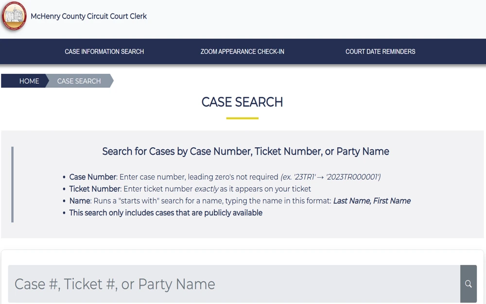 A screenshot from the Clerk of the Circuit Court 22nd Judicial District - Public Case Access page shows the three options to search, including case number, ticket number and party name search; tips for an effective search are displayed below the search bar.