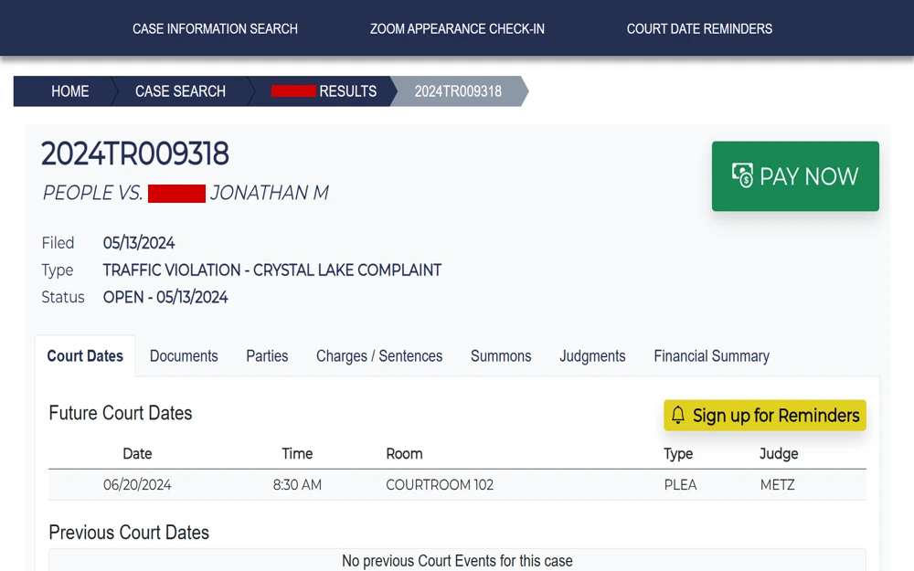 An image taken from Clerk of the Circuit Court 22nd Judicial District - Public Case Access shows the result from a name search, which includes case information such as party names, type, file date, and status of the case; the searcher can view more information from the series of buttons and have the option to sign up for court event reminders.