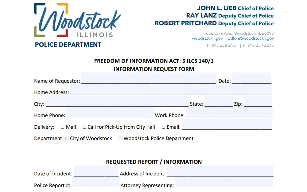 A screenshot of the Freedom of Information Act Request Form from the Woodstock, Illinois Police Department, outlining the necessary information to request public records.